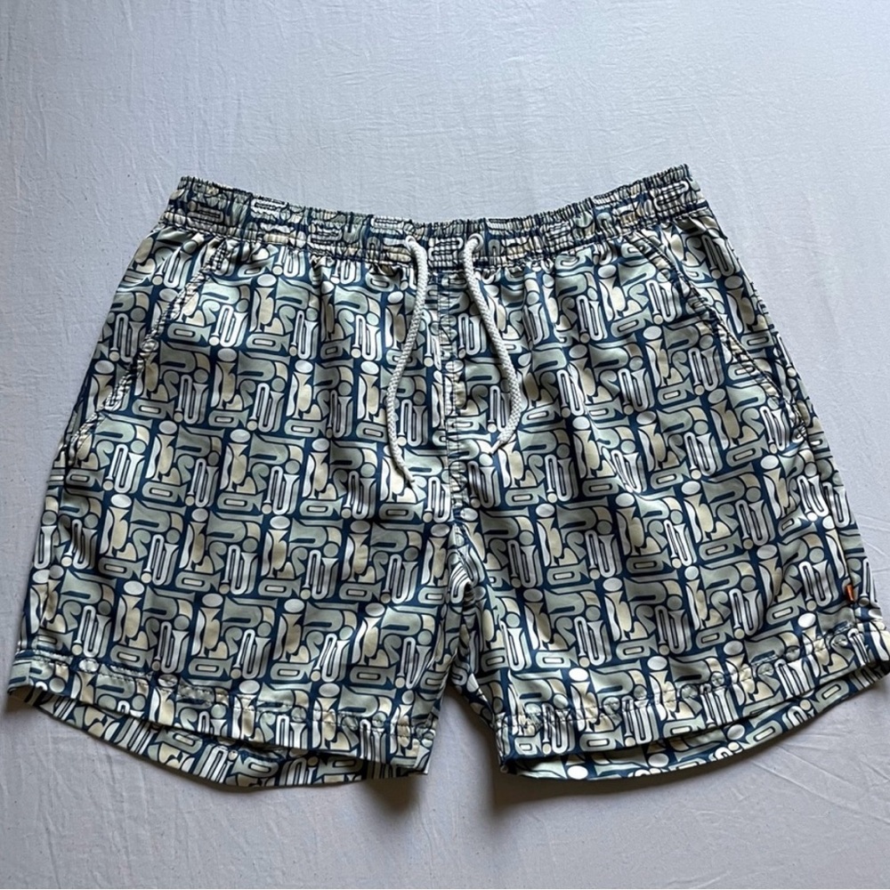 FAR AFIELD printed geo abstract swim trunks shorts